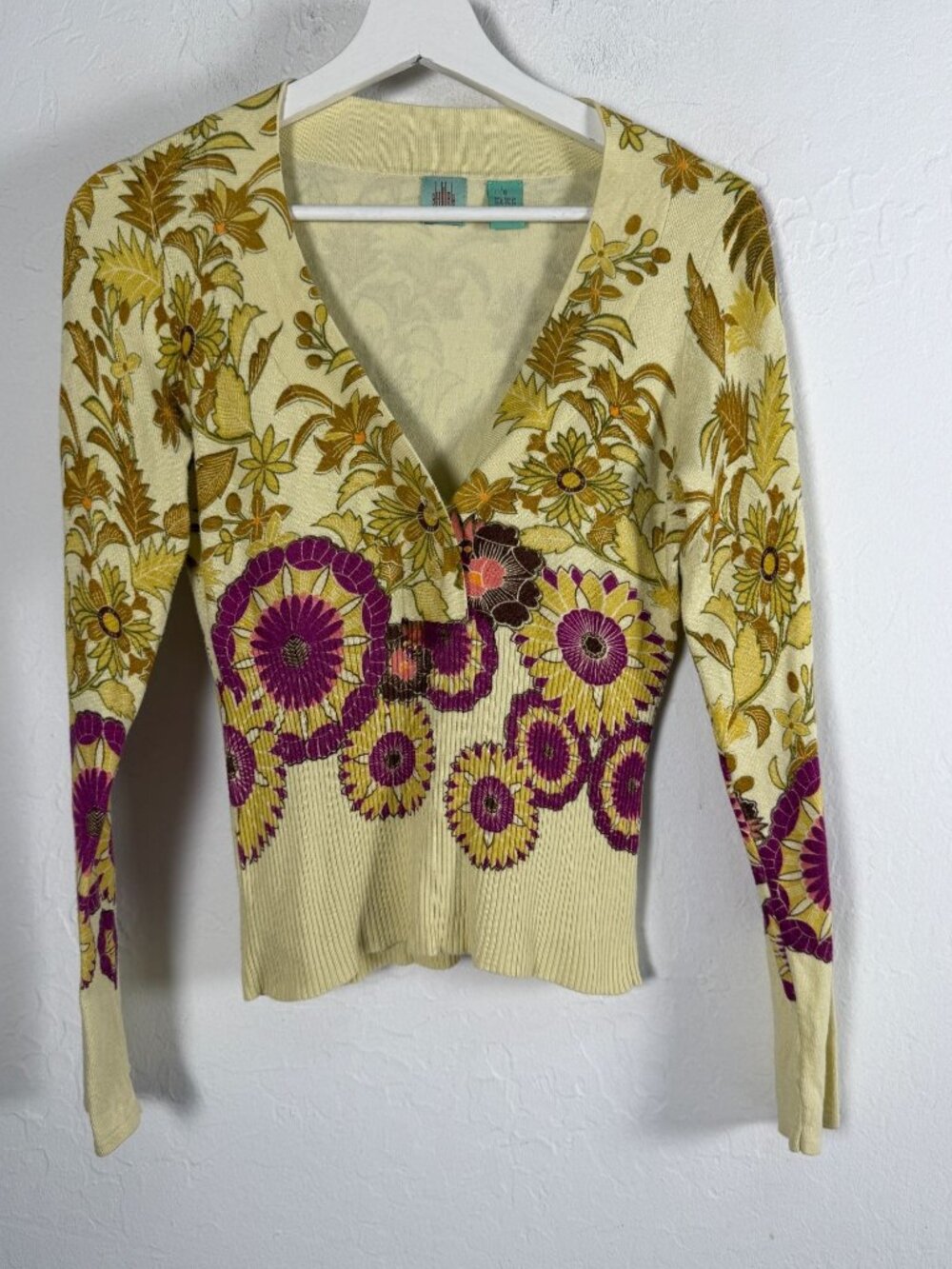 Anthropologie HWR Womens Floral Print Knit Pullover Sweater Small Yellow Purple
